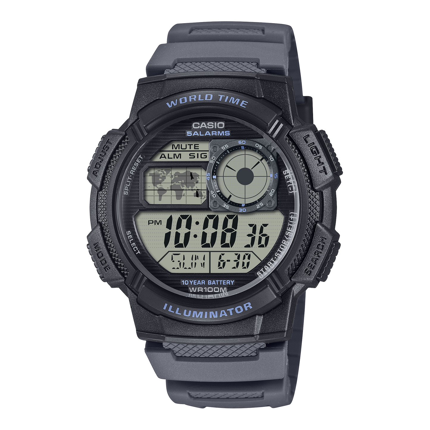 CASIO AE-1000W-8AVEF originale – vista frontale orologio digitale (nero, display cockpit aereo, world time)