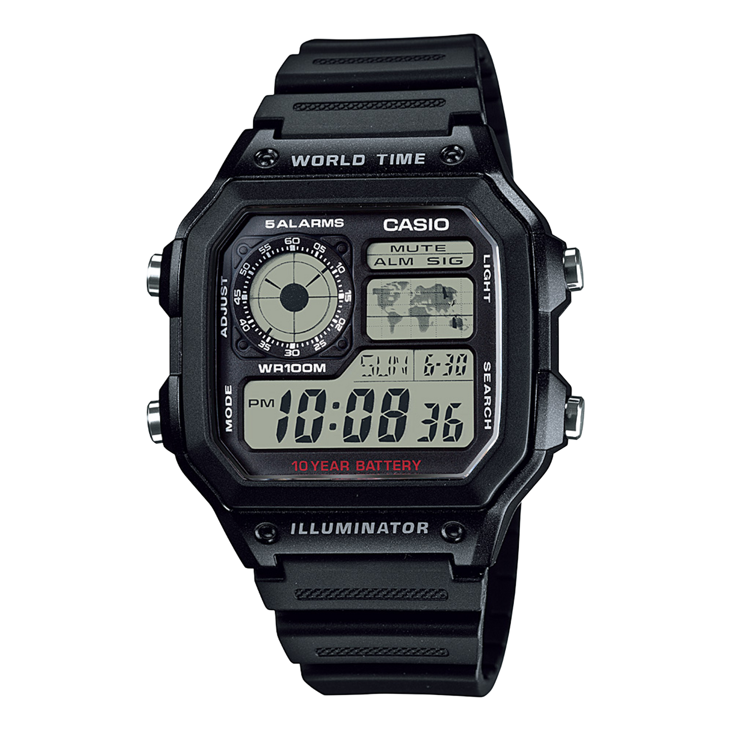CASIO AE-1200WH-1AVEF originale – vista frontale orologio digitale (nero, display LCD, world time)