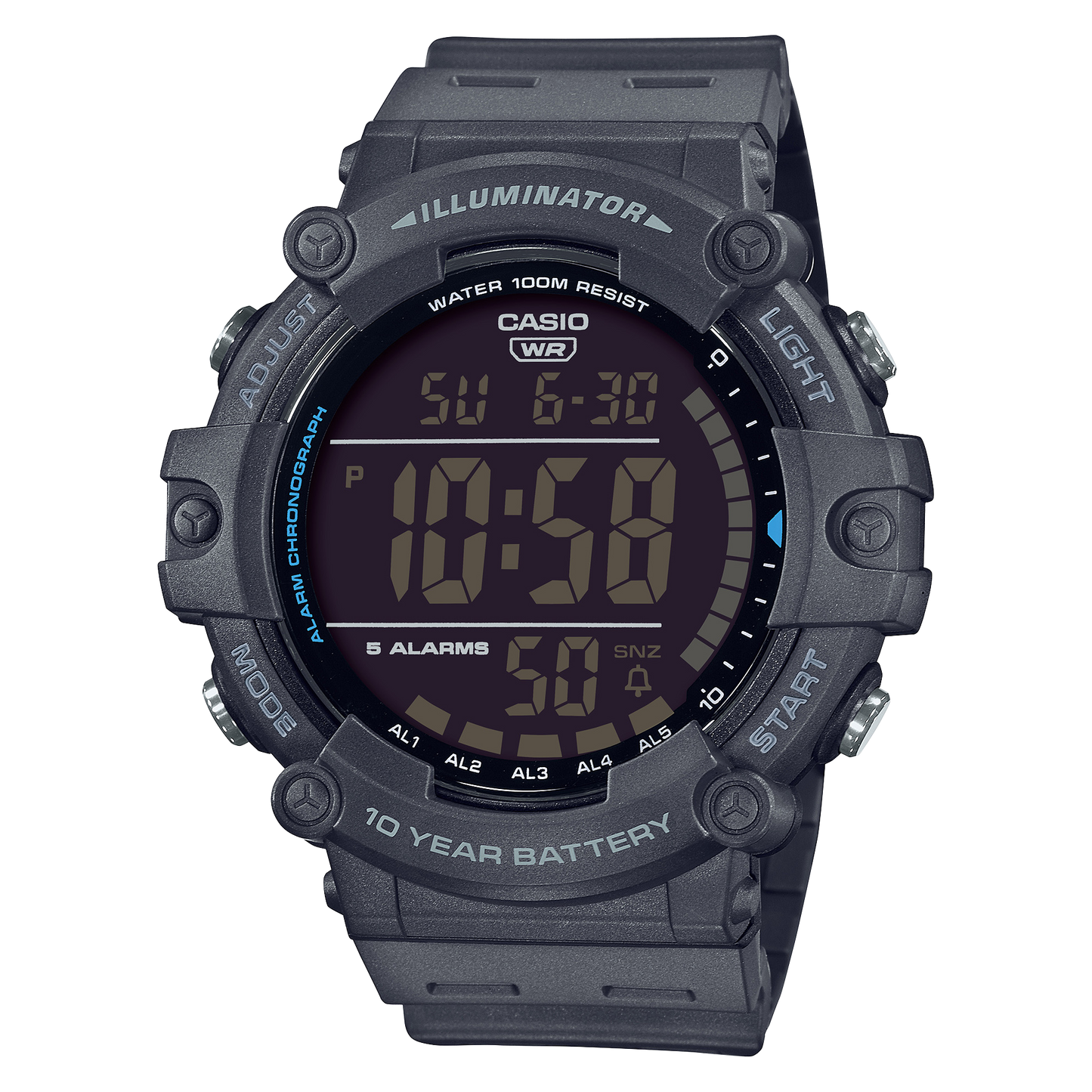 CASIO AE-1500WH-8BVEF originale – vista frontale orologio digitale (grigio/blu, quadrante largo)