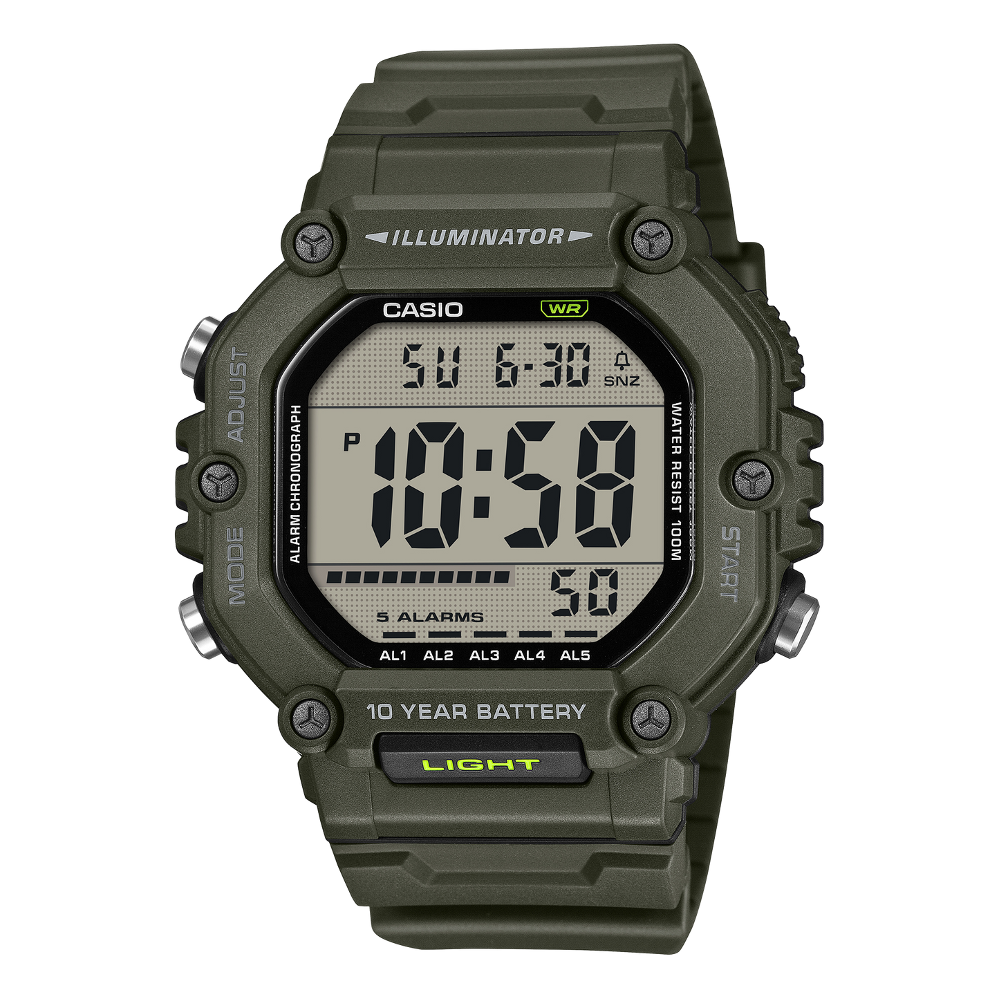CASIO AE-1600HX-3AVEF originale – vista frontale orologio digitale (verde oliva, cinturino extra-lungo)