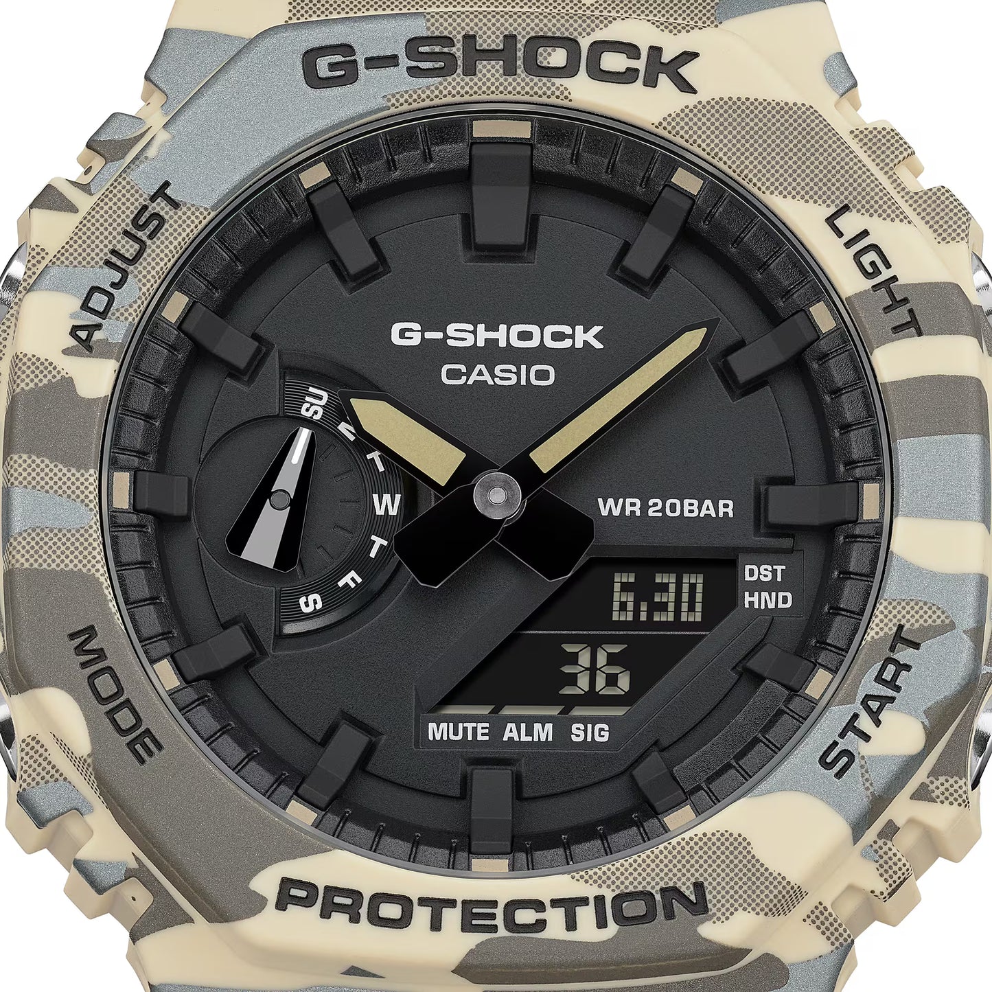 CASIO G-SHOCK GA-2100CM-5AER originale – dettaglio fondello orologio uomo ottagonale camouflage beige (20 bar)