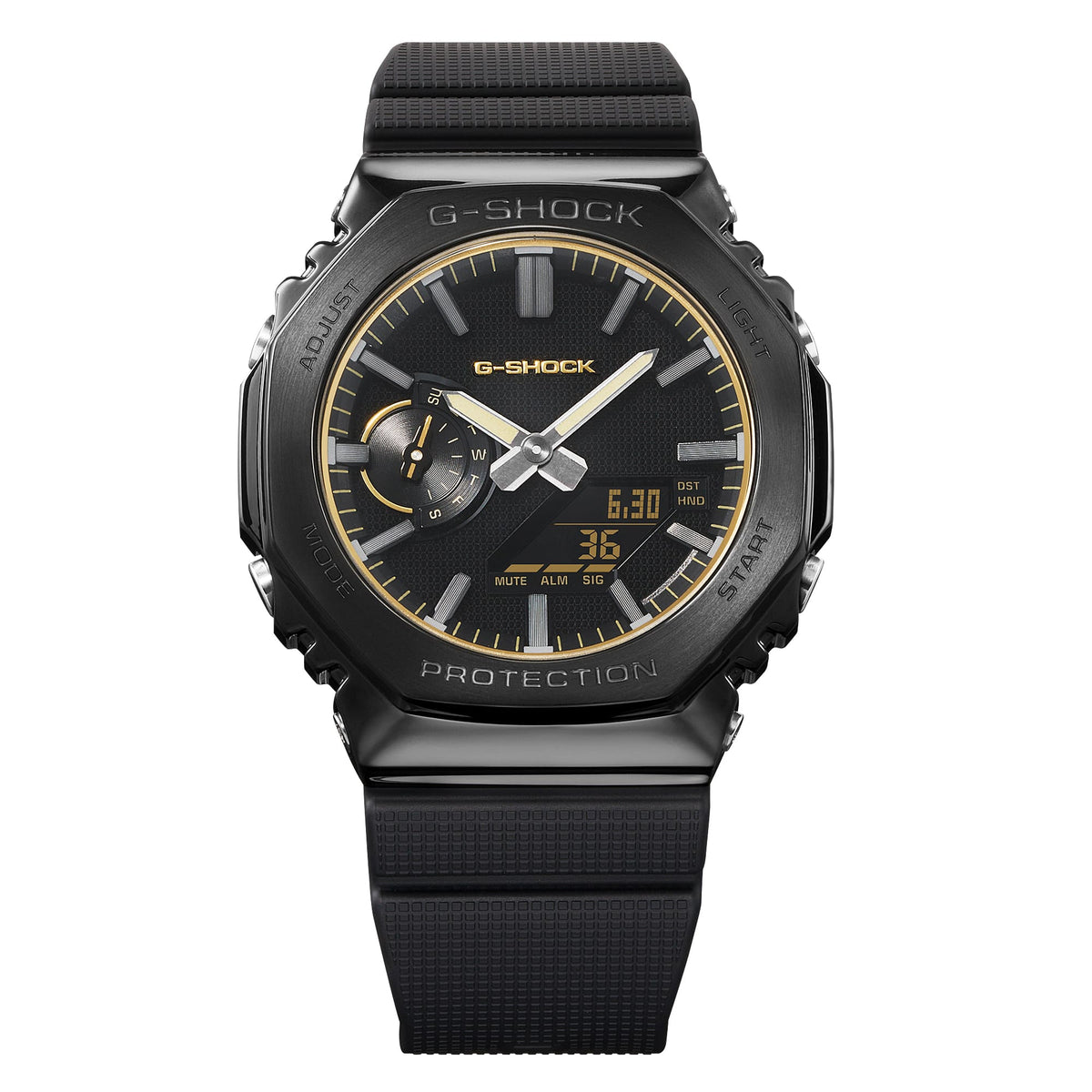CASIO G-SHOCK GM-2100LXB-1A9ER originale – dettaglio quadrante orologio ottagonale metallico nero con accenti dorati LUXE BLACK