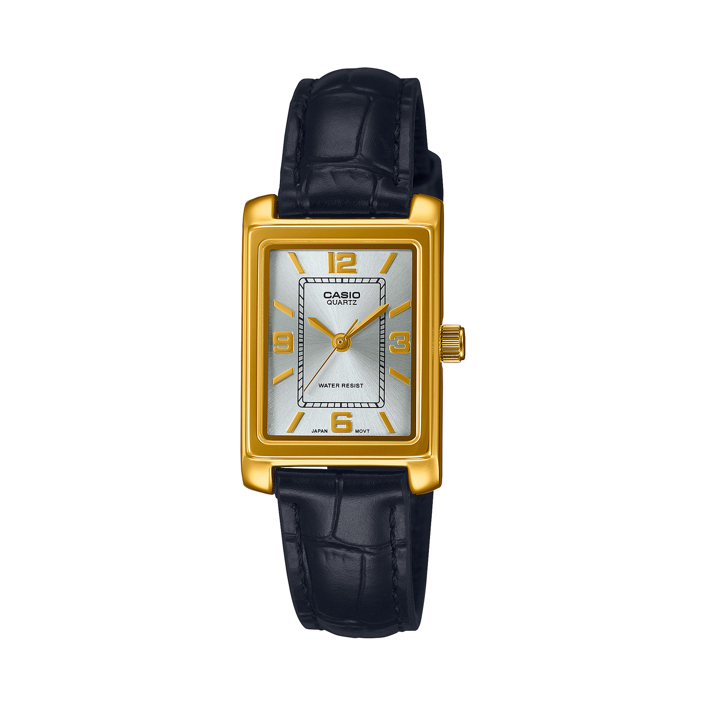 CASIO LTP-1234PGL-7A2EF originale – vista frontale orologio donna (dorato, cinturino pelle nera)