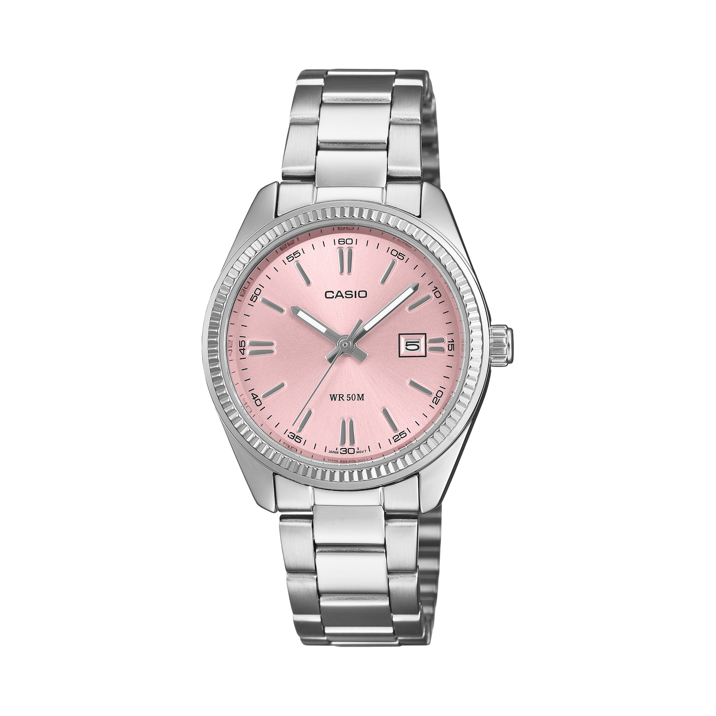 CASIO LTP-1302PD-4AVEF originale – vista frontale orologio donna (acciaio, quadrante rosa pastello, datario)