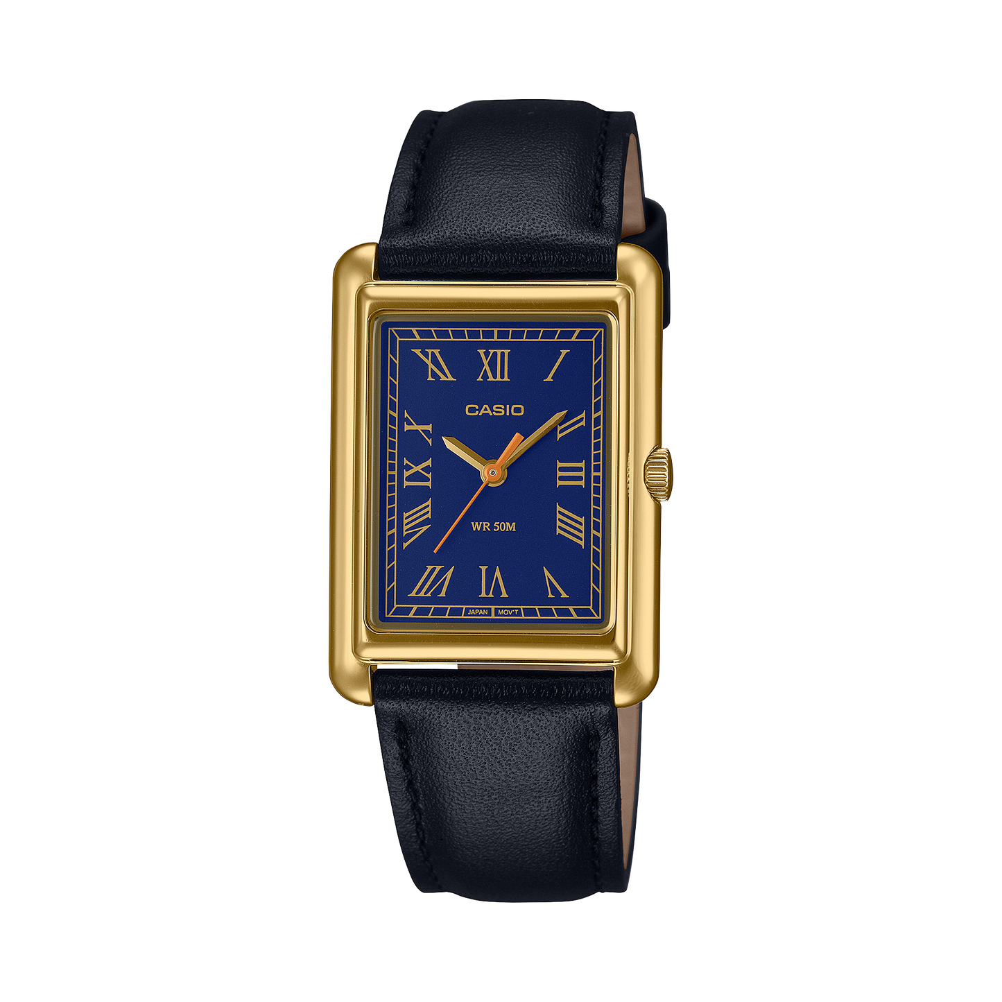 CASIO LTP-B165GL-2BVEF originale – vista frontale orologio donna (dorato, cinturino pelle nera, quadrante blu)