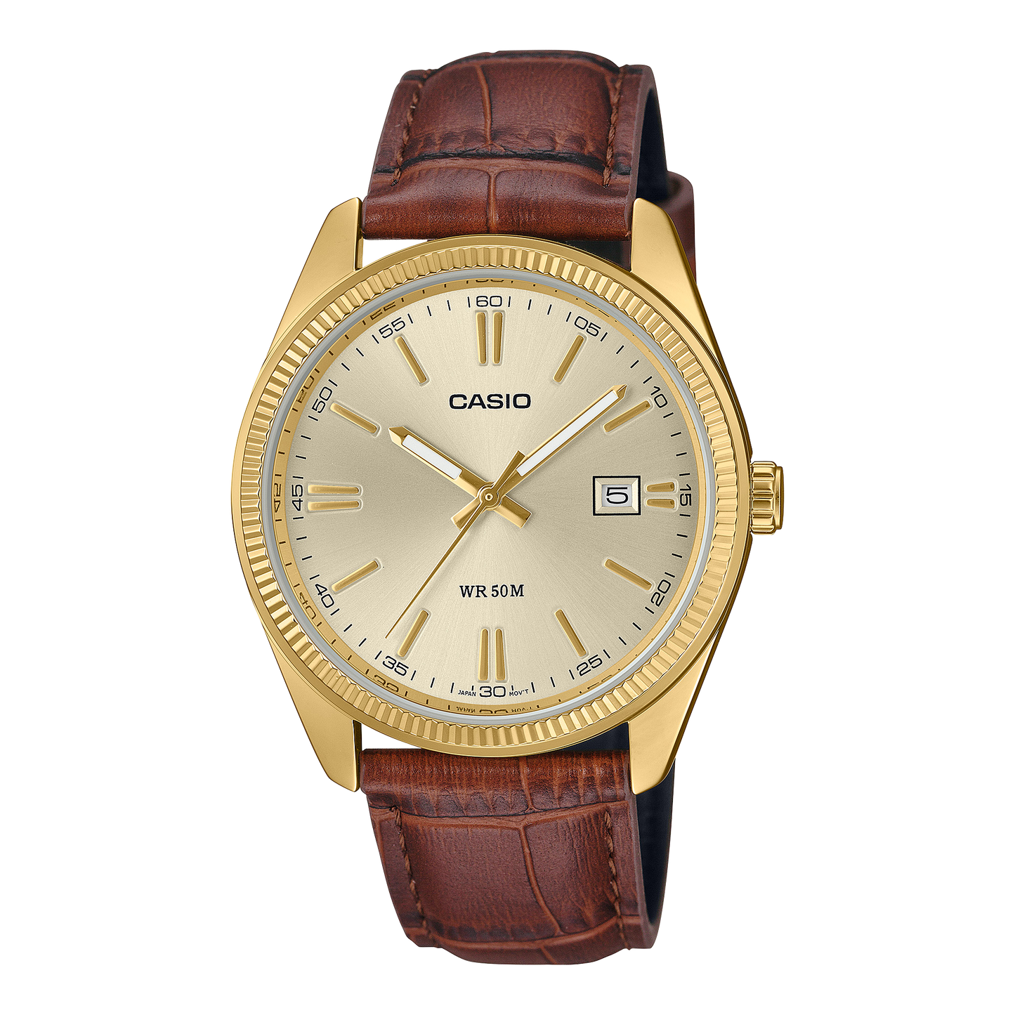 CASIO MTP-1302PGL-9AVEF originale – vista frontale orologio uomo (dorato, cinturino pelle marrone, datario)