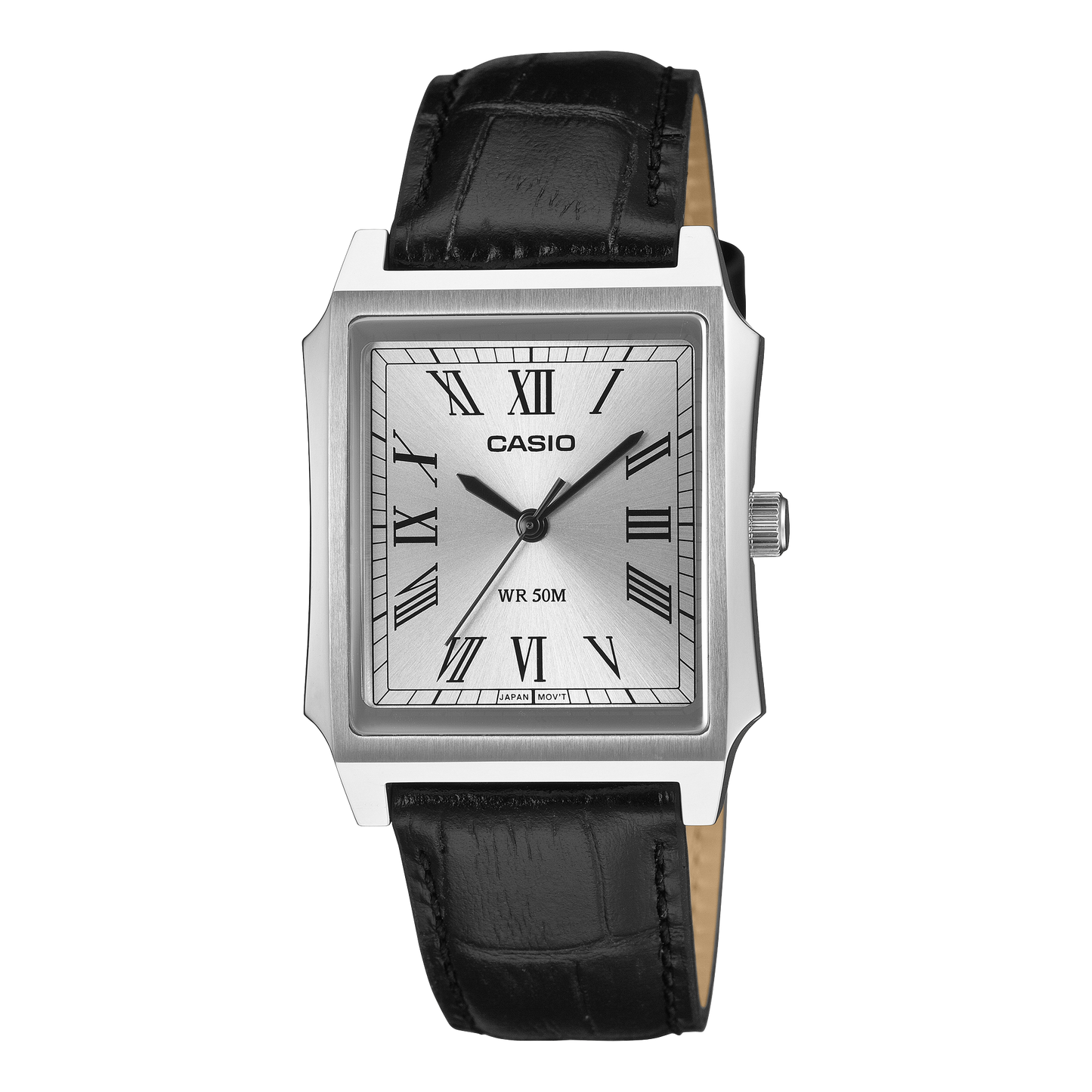 CASIO MTP-B190L-7BVER originale – vista frontale orologio (acciaio, cinturino pelle nera, numeri romani)