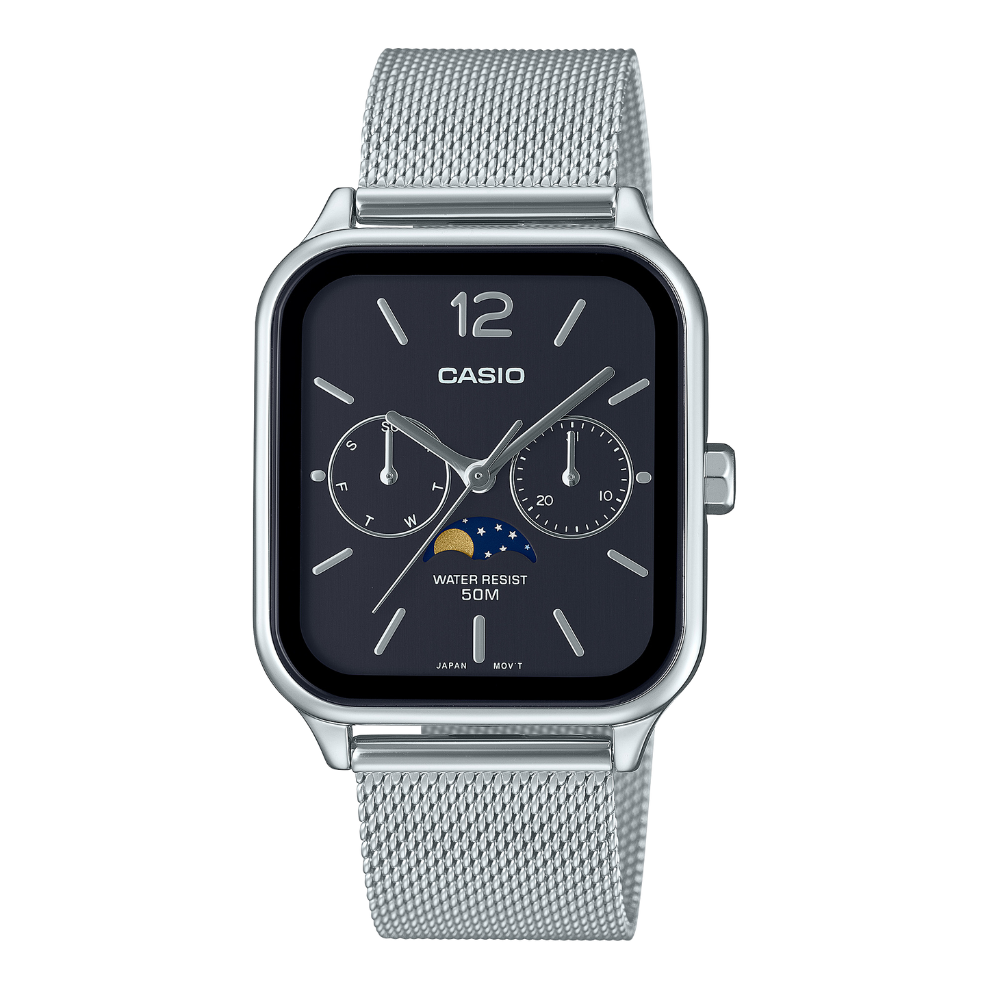 CASIO MTP-M305M-1AVER originale – vista frontale orologio (acciaio, quadrante nero, fase lunare, bracciale mesh)