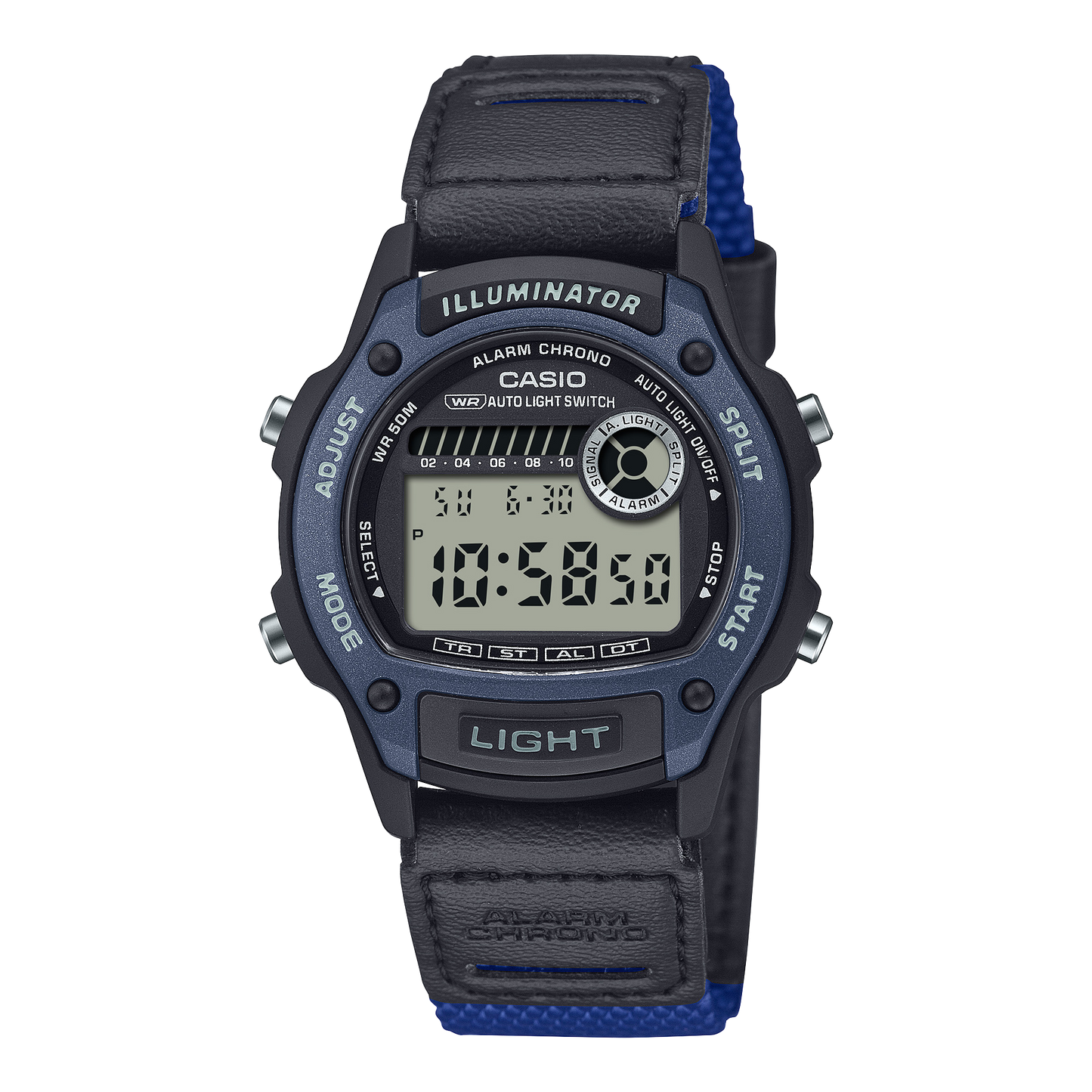 CASIO W-220HF-2AVEF originale – vista frontale orologio digitale (nero/blu, cinturino pelle e tessuto)
