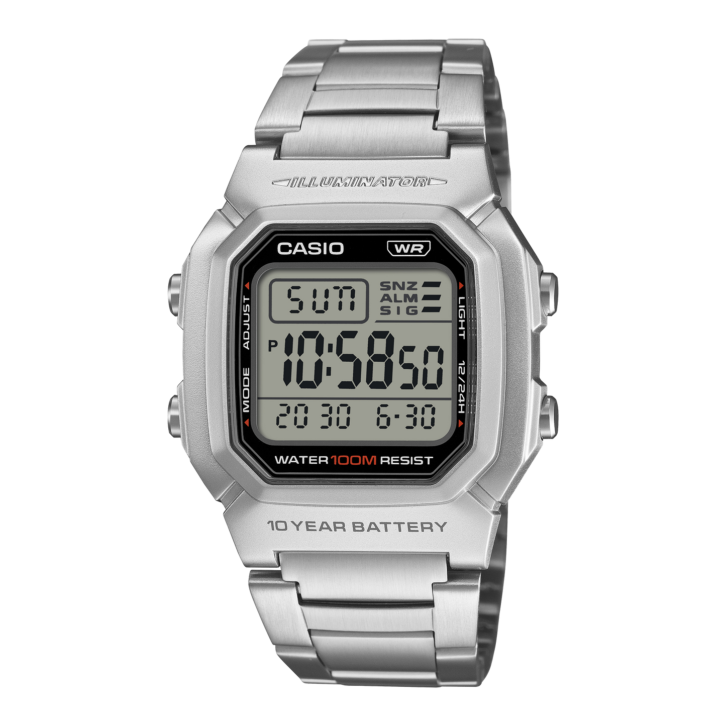 CASIO W-800HD-1AVEF originale – vista frontale orologio digitale (argento, bracciale acciaio)