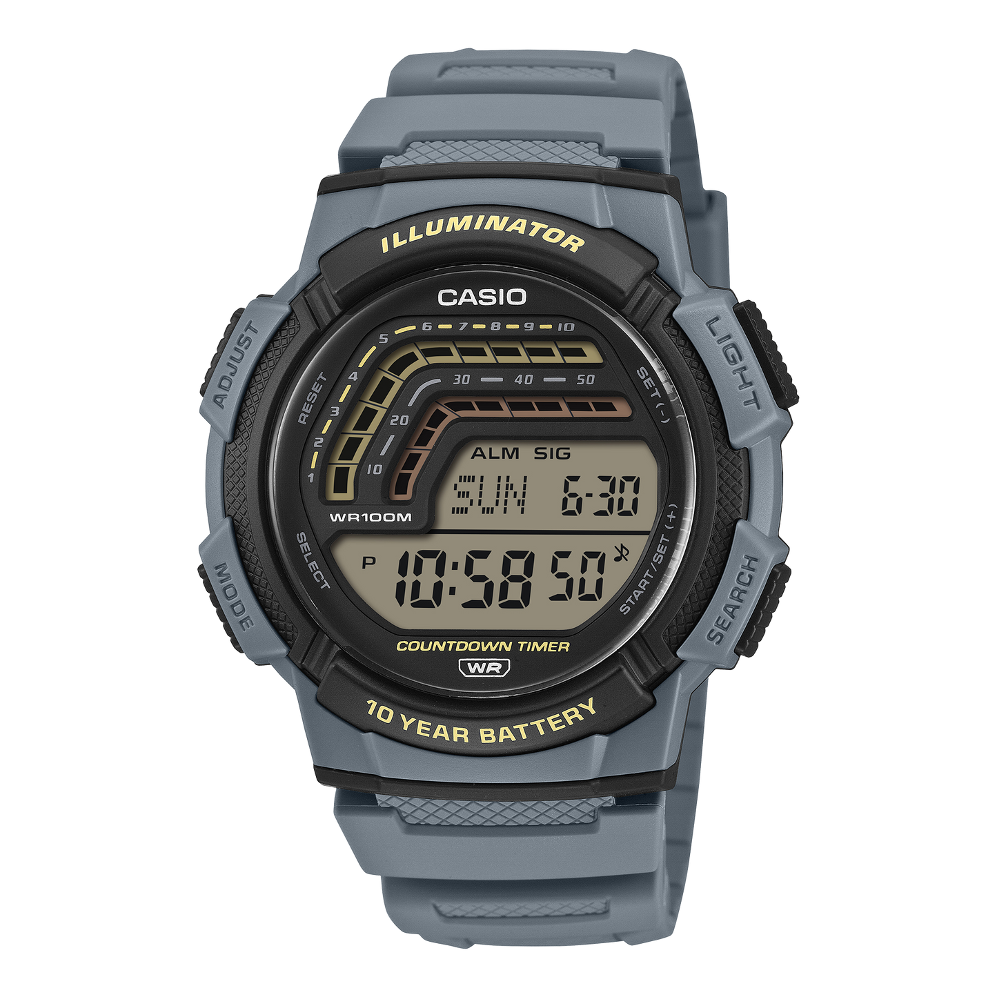 CASIO WS-1800-2AVEF originale – vista frontale orologio digitale (blu, display grafico countdown)