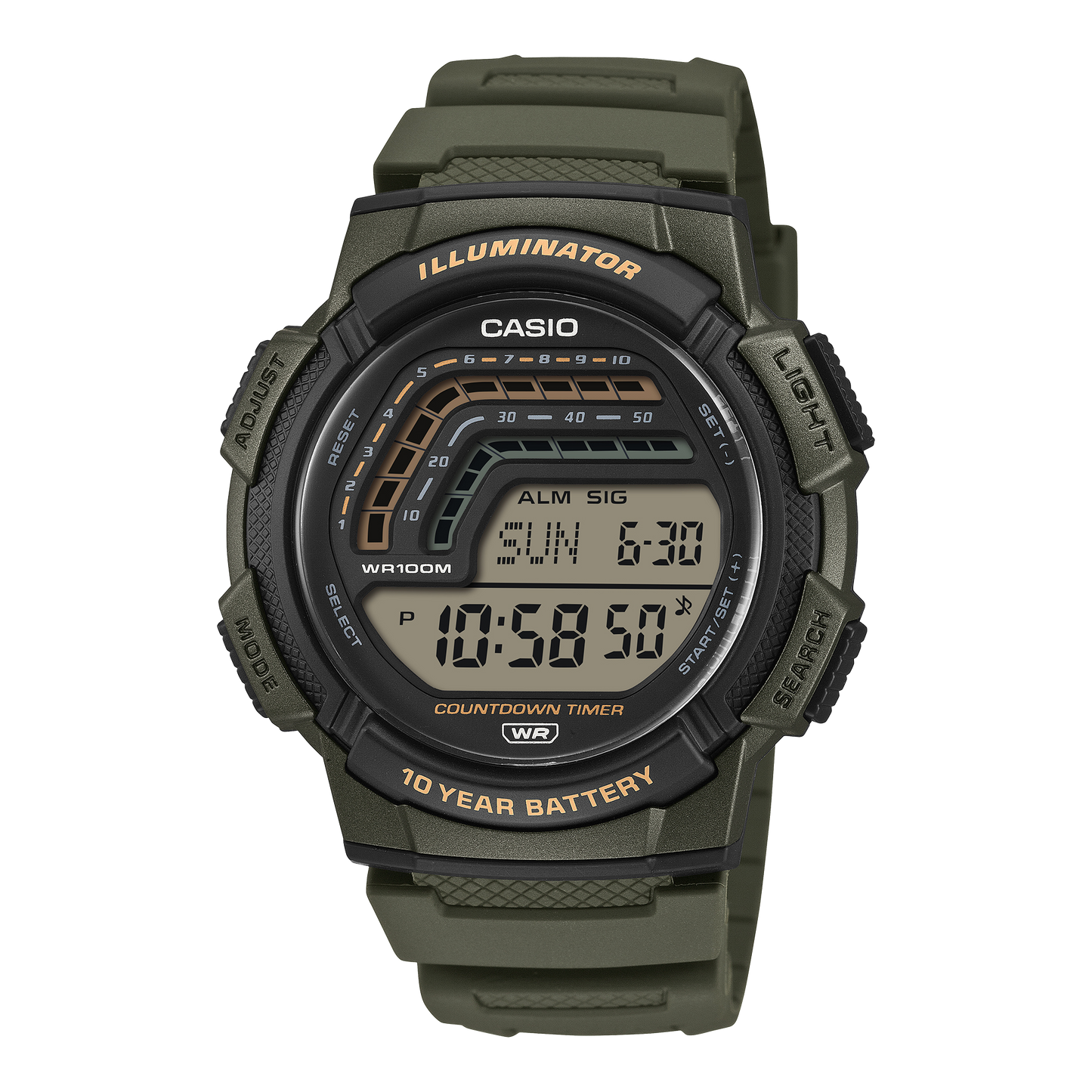 CASIO WS-1800-3AVEF originale – vista frontale orologio digitale (verde, display grafico countdown)