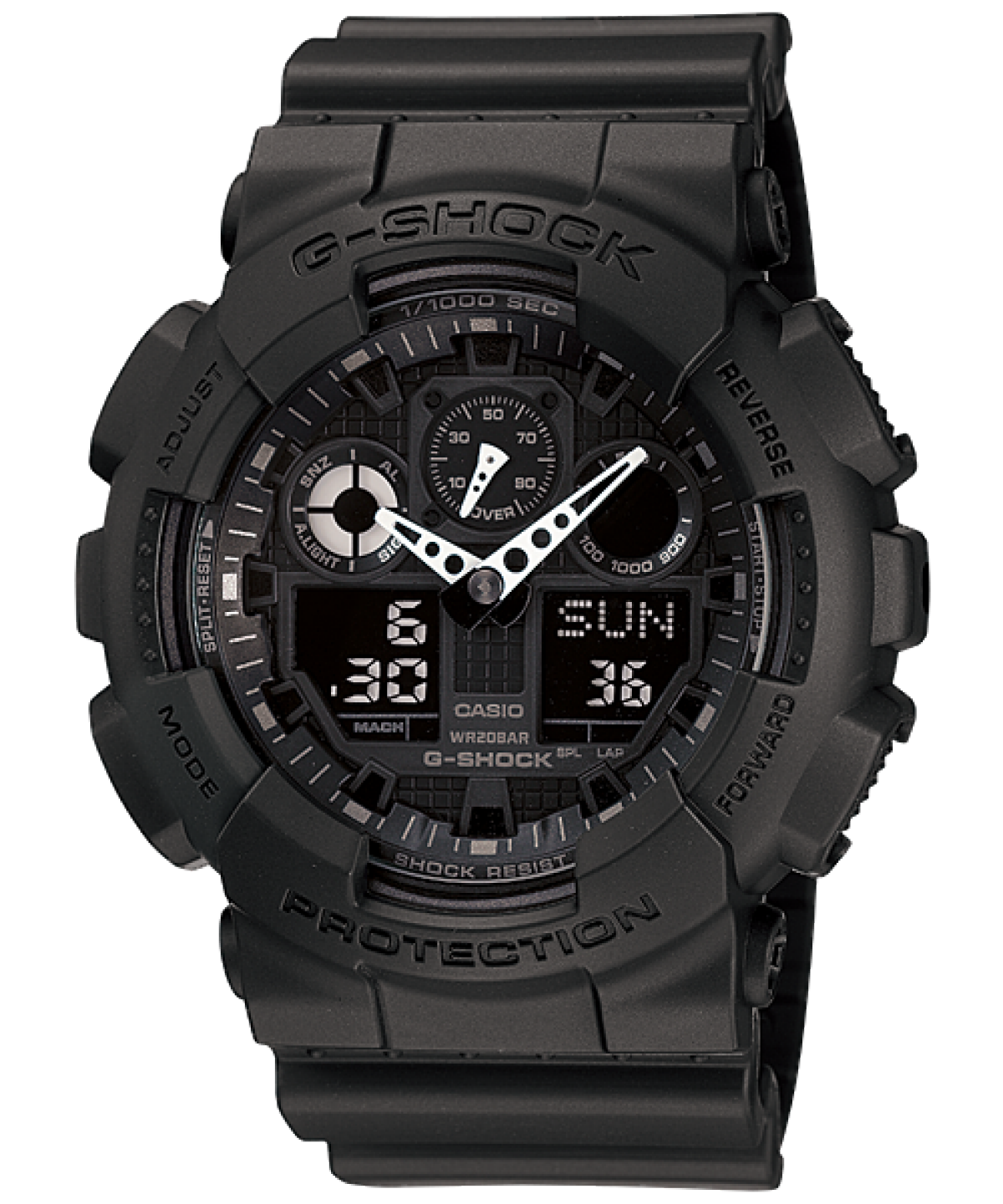 CASIO G-SHOCK GA-100-1A1ER originale – vista frontale (200m, analogico-digitale, antiurto)