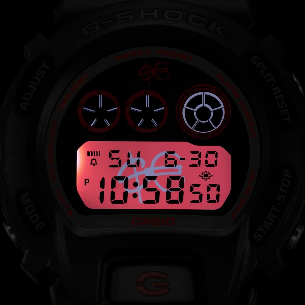 CASIO G-SHOCK DW-6900SFE25-1ER originale – dettaglio illuminazione (Shock Resist, 200m, LED)