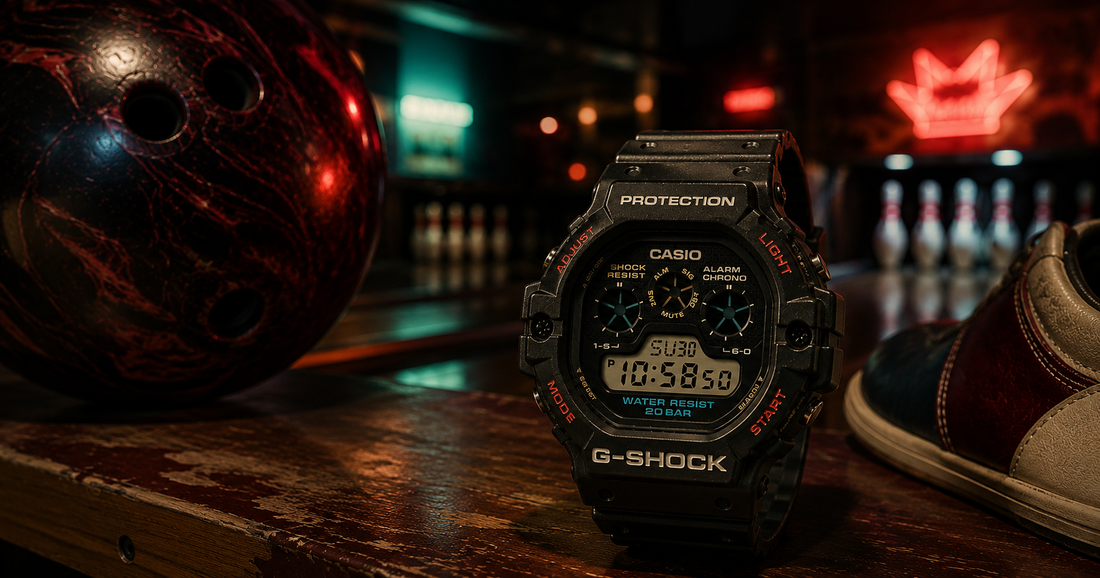 Casio G-Shock DW-5900C in ambientazione bowling vintage anni '90