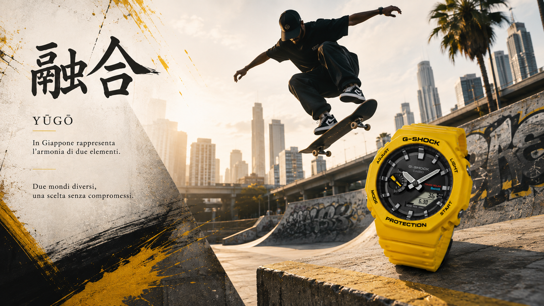CASIO G-SHOCK GA-B2100C-9AER giallo – concept YŪGŌ 融合, skater in azione su skyline urbano, Bluetooth Tough Solar Carbon Core Guard