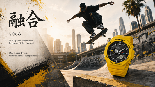 CASIO G-SHOCK GA-B2100C-9AER giallo – concept YŪGŌ 融合, skater in azione su skyline urbano, Bluetooth Tough Solar Carbon Core Guard