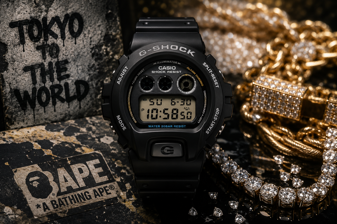 CASIO G-SHOCK DW-6900 nero con collana e bracciale in oro e diamanti, dalla resina ai diamanti hip-hop