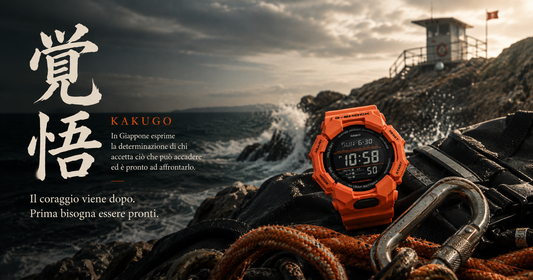G-SHOCK GD-010-4ER arancione su scogliera mediterranea con torretta di soccorso sullo sfondo, kanji 覚悟 (kakugo) in bianco