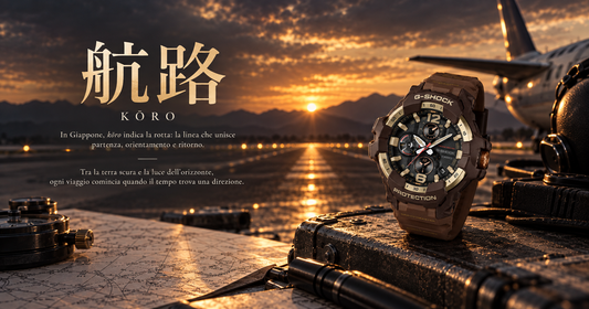 KŌRO (航路) - copertina articolo ERA ORA: G-SHOCK Gravitymaster GR-B300H-5AER al tramonto su una pista d'aeroporto, ghiera oro Horizon Gold