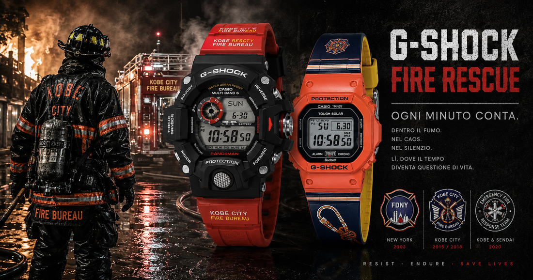 CASIO G-SHOCK Fire Rescue: RANGEMAN GW-9400FBJ-4JR e GW-B5600FB-4JR Kobe City Fire Bureau, con Vigile del Fuoco e badge FDNY, Kobe City Fire Bureau, Emergency Fire Response Team