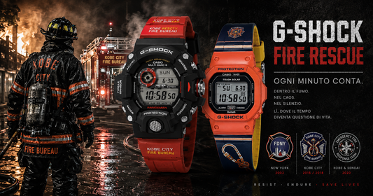 CASIO G-SHOCK Fire Rescue: RANGEMAN GW-9400FBJ-4JR e GW-B5600FB-4JR Kobe City Fire Bureau, con Vigile del Fuoco e badge FDNY, Kobe City Fire Bureau, Emergency Fire Response Team