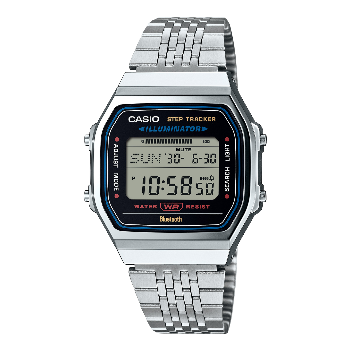 CASIO ABL-100WE-1AEF originale – vista frontale orologio digitale (acciaio argento, display LCD, Bluetooth)