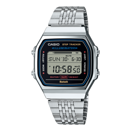 CASIO ABL-100WE-1AEF originale – vista frontale orologio digitale (acciaio argento, display LCD, Bluetooth)