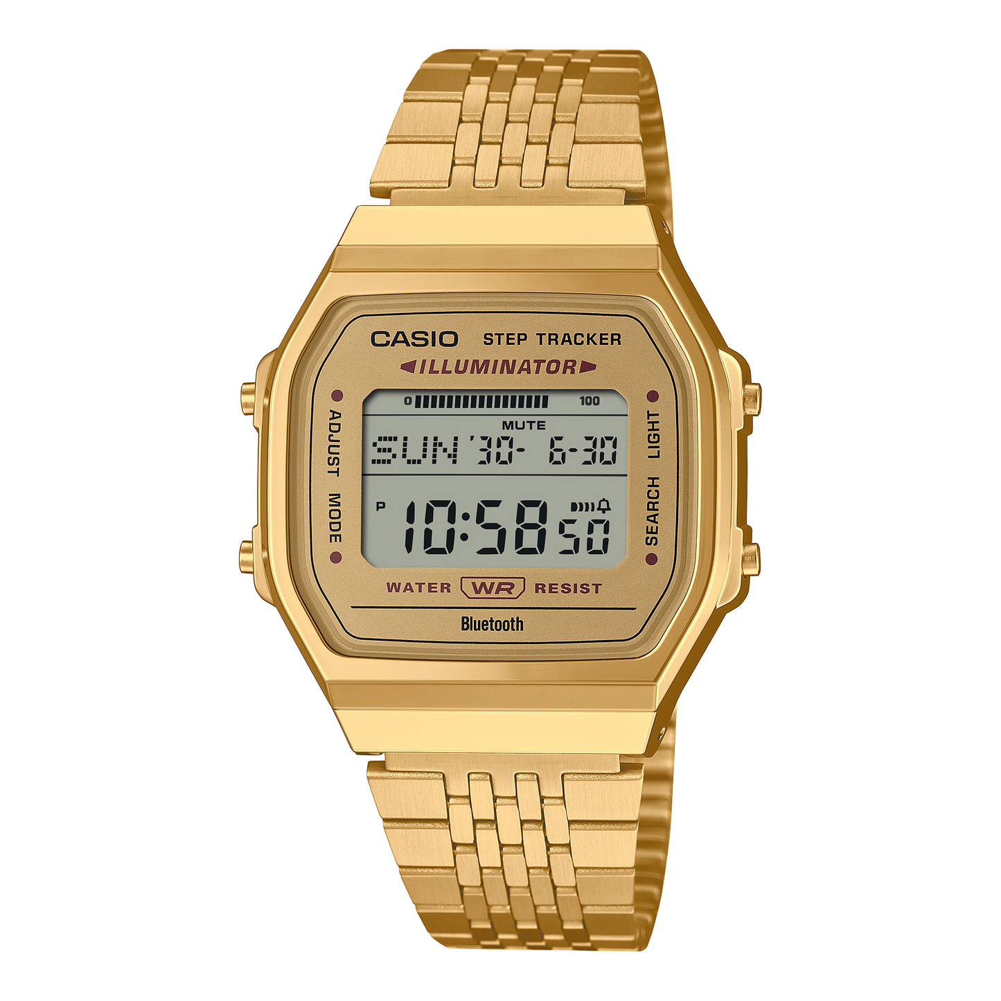 CASIO ABL-100WEG-9AEF originale – vista frontale orologio digitale (dorato, display LCD, Bluetooth)