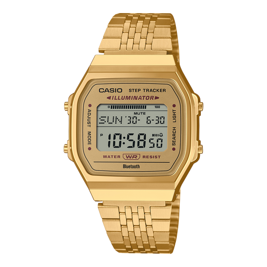 CASIO ABL-100WEG-9AEF originale – vista frontale orologio digitale (dorato, display LCD, Bluetooth)