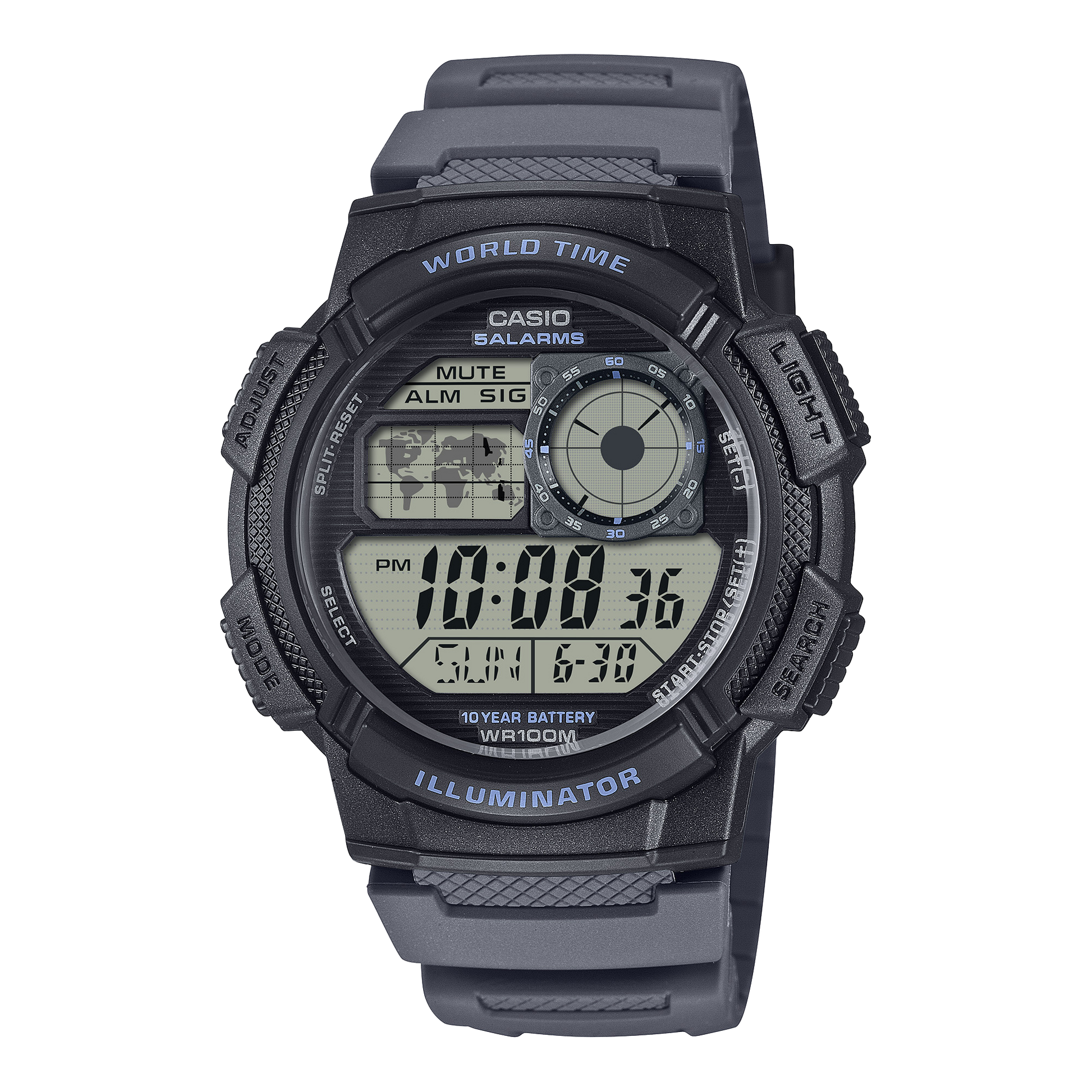CASIO AE-1000W-8AVEF originale – vista frontale orologio digitale (nero, display cockpit aereo, world time)