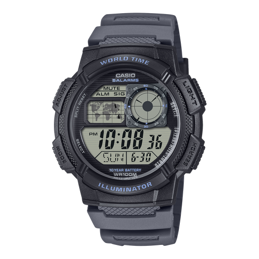 CASIO AE-1000W-8AVEF originale – vista frontale orologio digitale (nero, display cockpit aereo, world time)