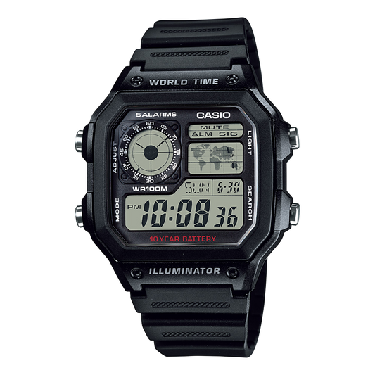 CASIO AE-1200WH-1AVEF originale – vista frontale orologio digitale (nero, display LCD, world time)