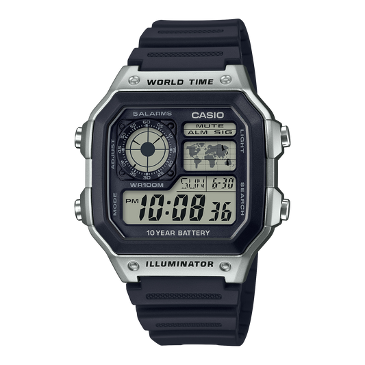 CASIO AE-1200WH-1CVEF originale – vista frontale orologio digitale (nero/argento, display LCD, world time)