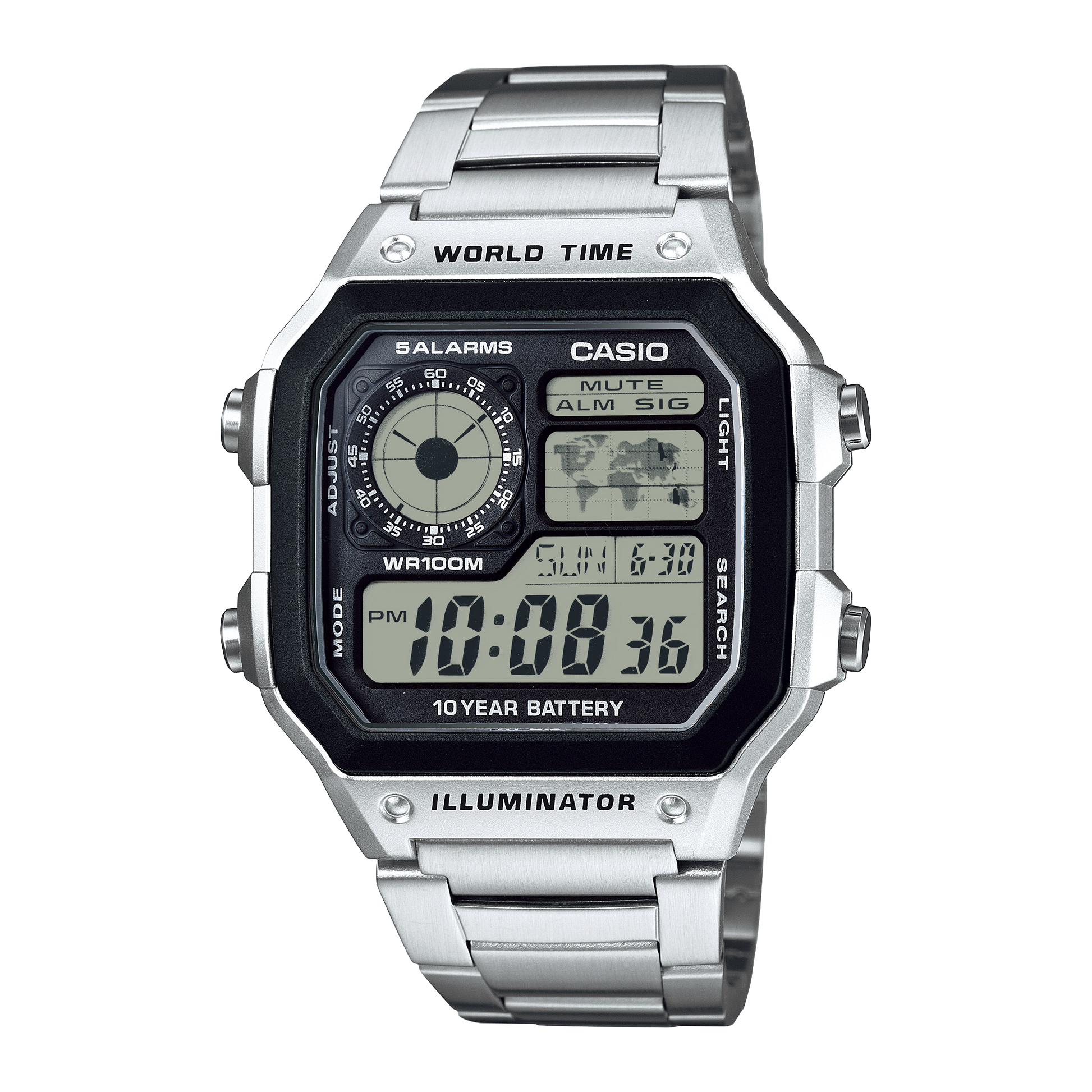 CASIO AE-1200WHD-1AVEF originale – vista frontale orologio digitale (argento, bracciale acciaio, display LCD)