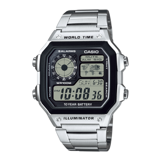 CASIO AE-1200WHD-1AVEF originale – vista frontale orologio digitale (argento, bracciale acciaio, display LCD)