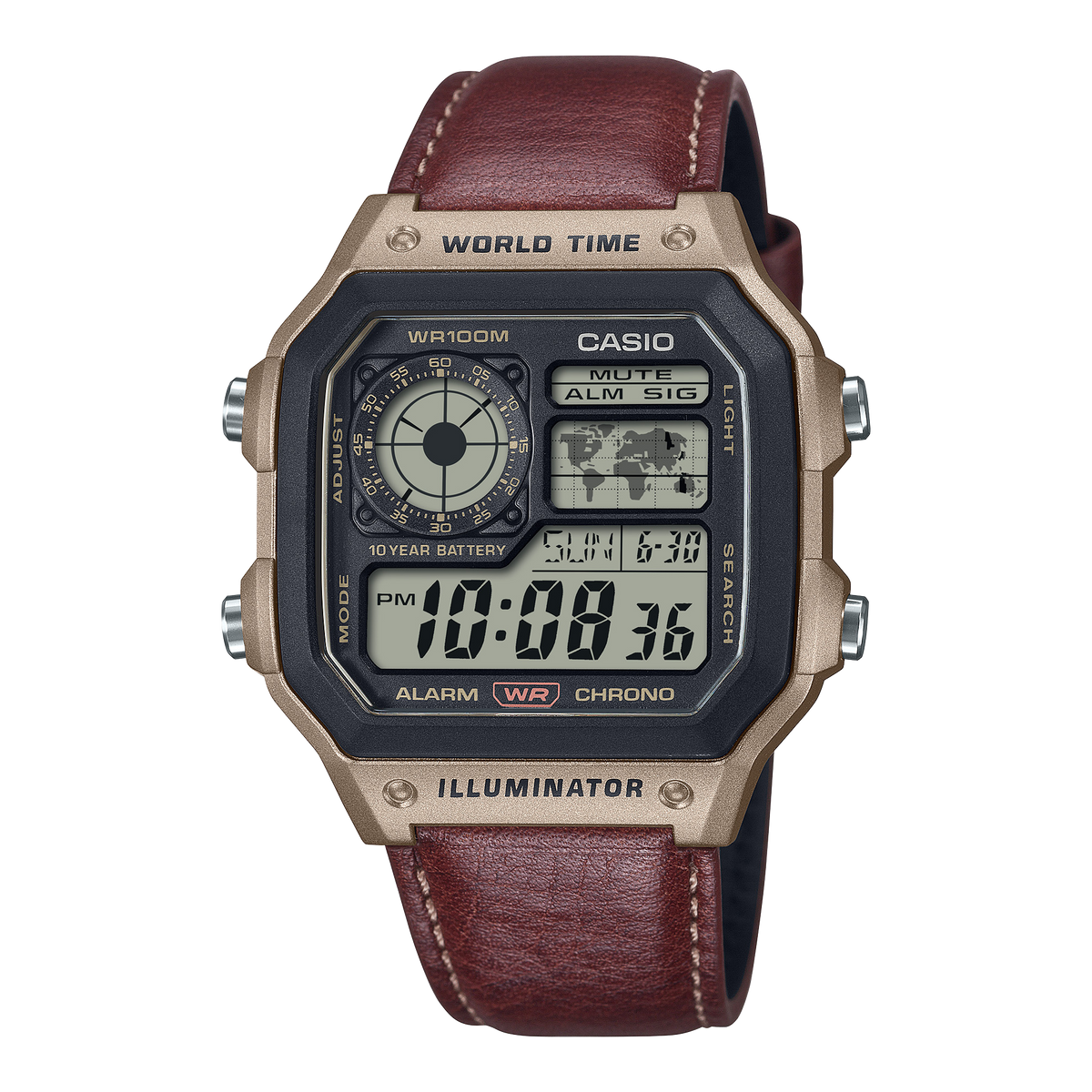 CASIO AE-1200WHL-5AVEF originale – vista frontale orologio digitale (cassa marrone, cinturino pelle marrone)