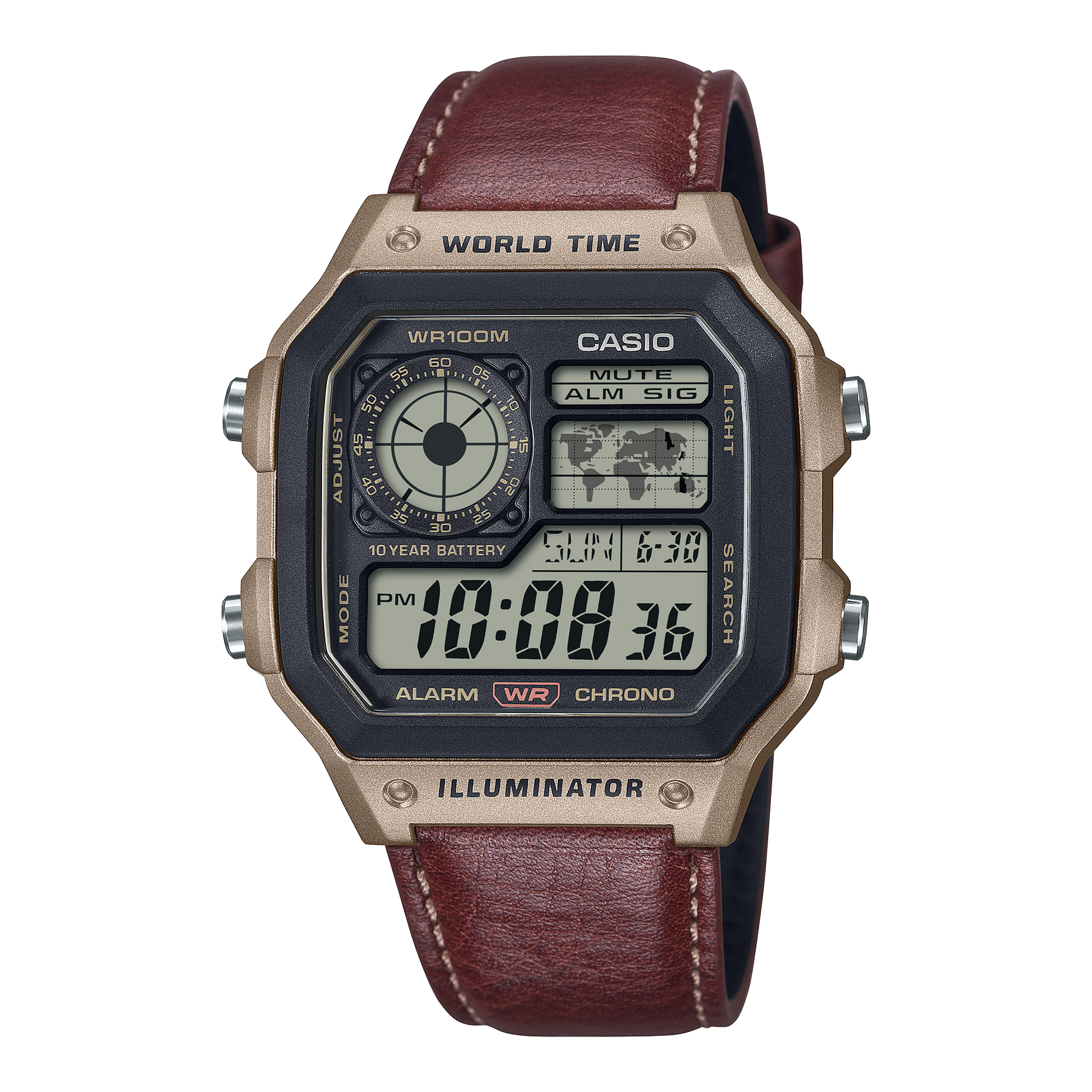 CASIO AE-1200WHL-5AVEF originale – vista frontale orologio digitale (cassa marrone, cinturino pelle marrone)