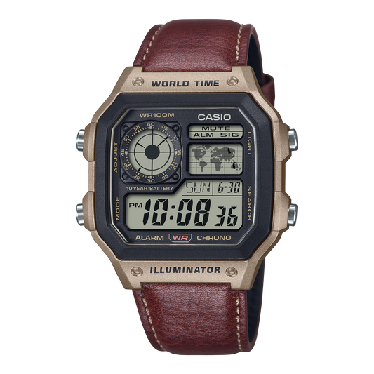 CASIO AE-1200WHL-5AVEF originale – vista frontale orologio digitale (cassa marrone, cinturino pelle marrone)