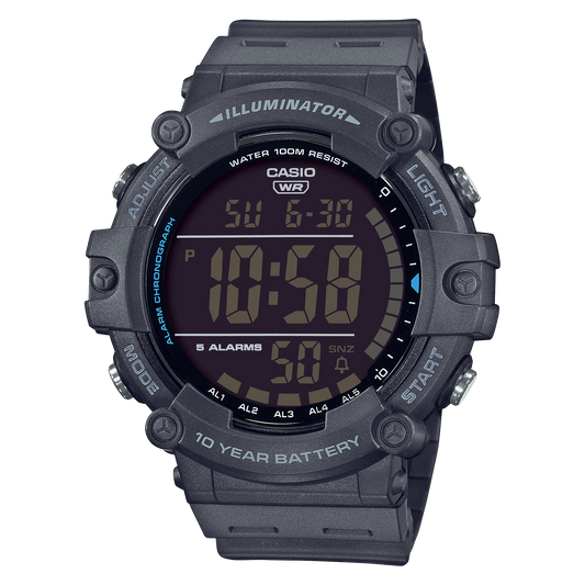 CASIO AE-1500WH-8BVEF originale – vista frontale orologio digitale (grigio/blu, quadrante largo)