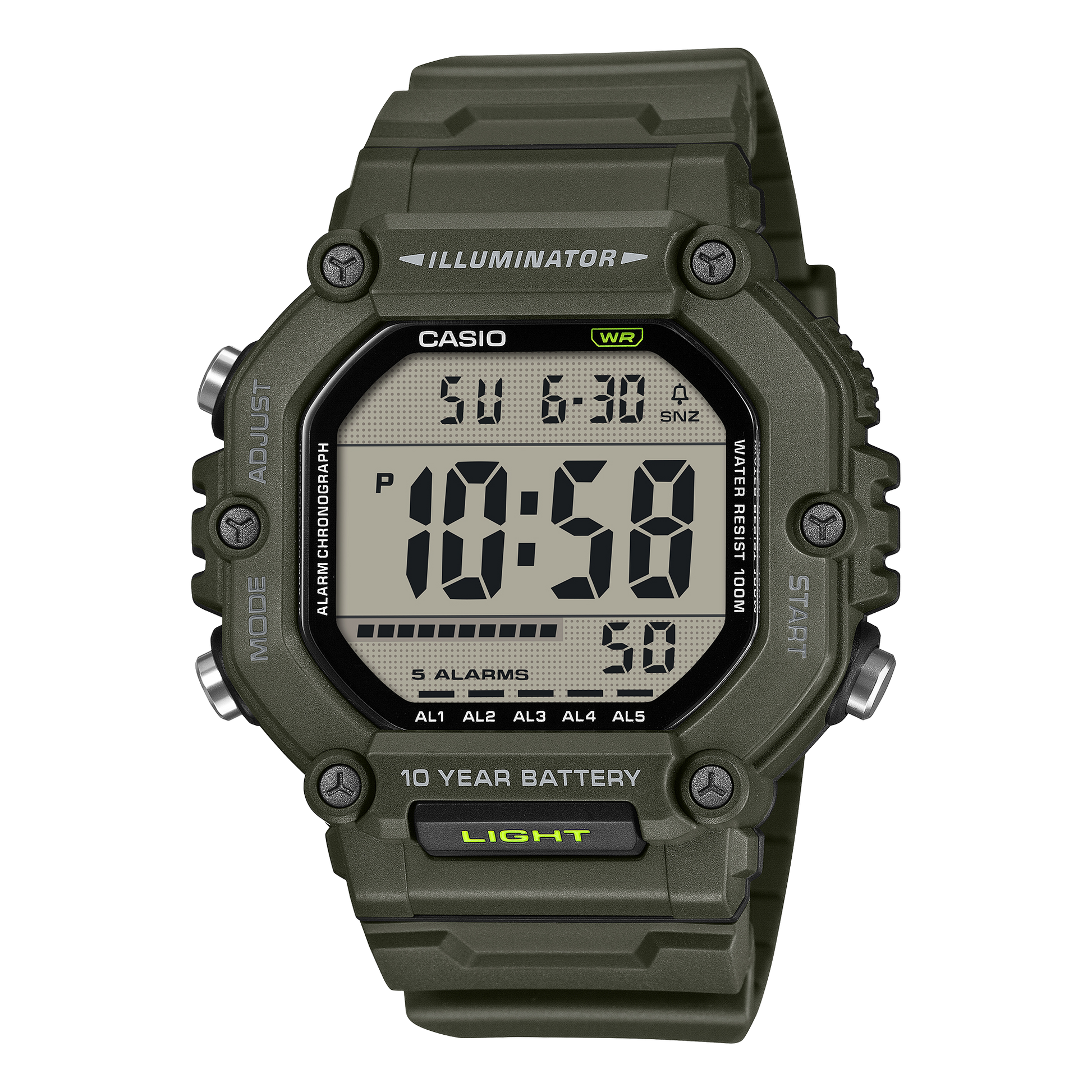 CASIO AE-1600HX-3AVEF originale – vista frontale orologio digitale (verde oliva, cinturino extra-lungo)
