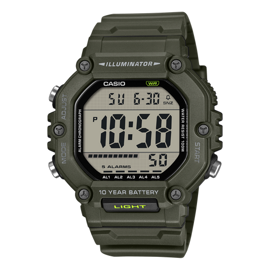 CASIO AE-1600HX-3AVEF originale – vista frontale orologio digitale (verde oliva, cinturino extra-lungo)