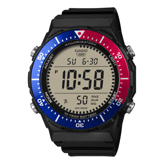 CASIO AE-1700H-1A2VEF originale – vista frontale orologio digitale (nero, ghiera blu/rossa "Pepsi")