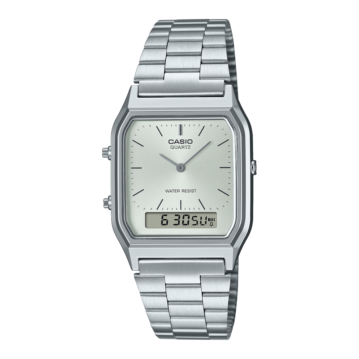 CASIO VINTAGE AQ-230A-7AMQYES originale – vista frontale orologio analogico-digitale argento