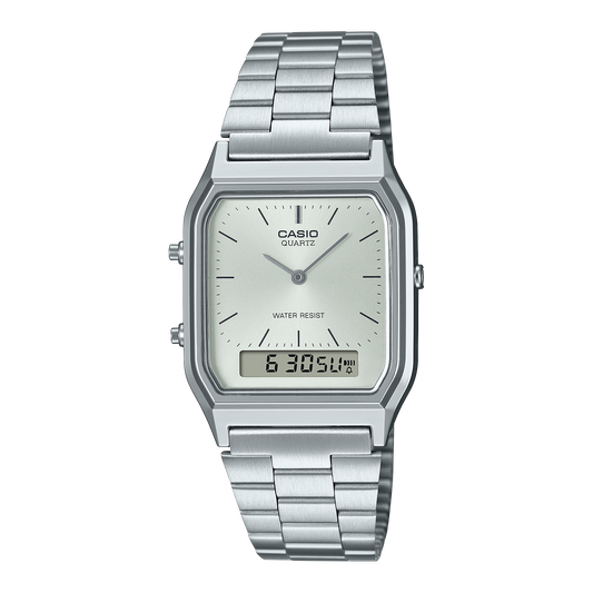 CASIO VINTAGE AQ-230A-7AMQYES originale – vista frontale orologio analogico-digitale argento