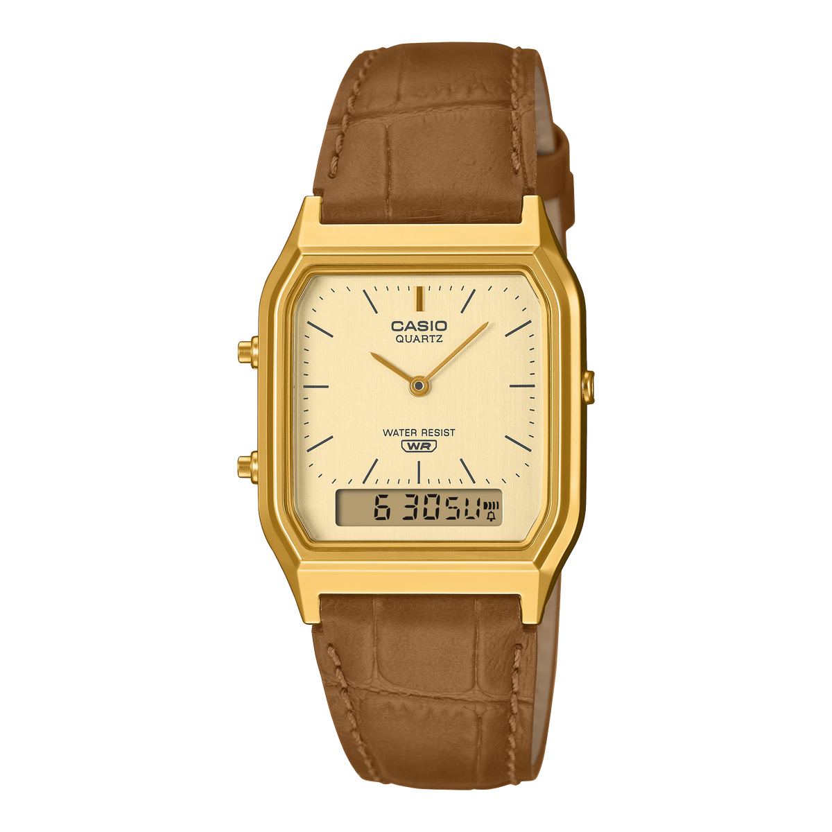 CASIO VINTAGE AQ-230EGL-9AEF originale – vista frontale orologio analogico-digitale oro con cinturino in pelle