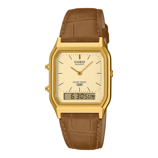 CASIO VINTAGE AQ-230EGL-9AEF originale – vista frontale orologio analogico-digitale oro con cinturino in pelle