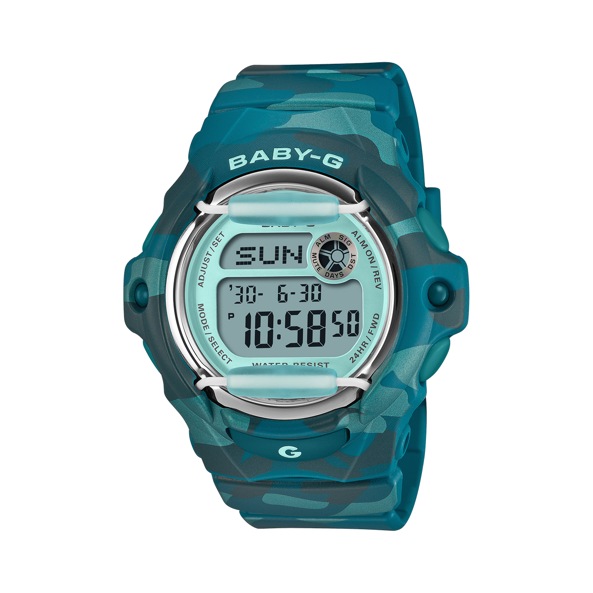 CASIO BABY-G BG-169CM-2ER originale – vista frontale orologio camouflage blu-verde Y2K