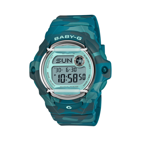CASIO BABY-G BG-169CM-2ER originale – vista frontale orologio camouflage blu-verde Y2K