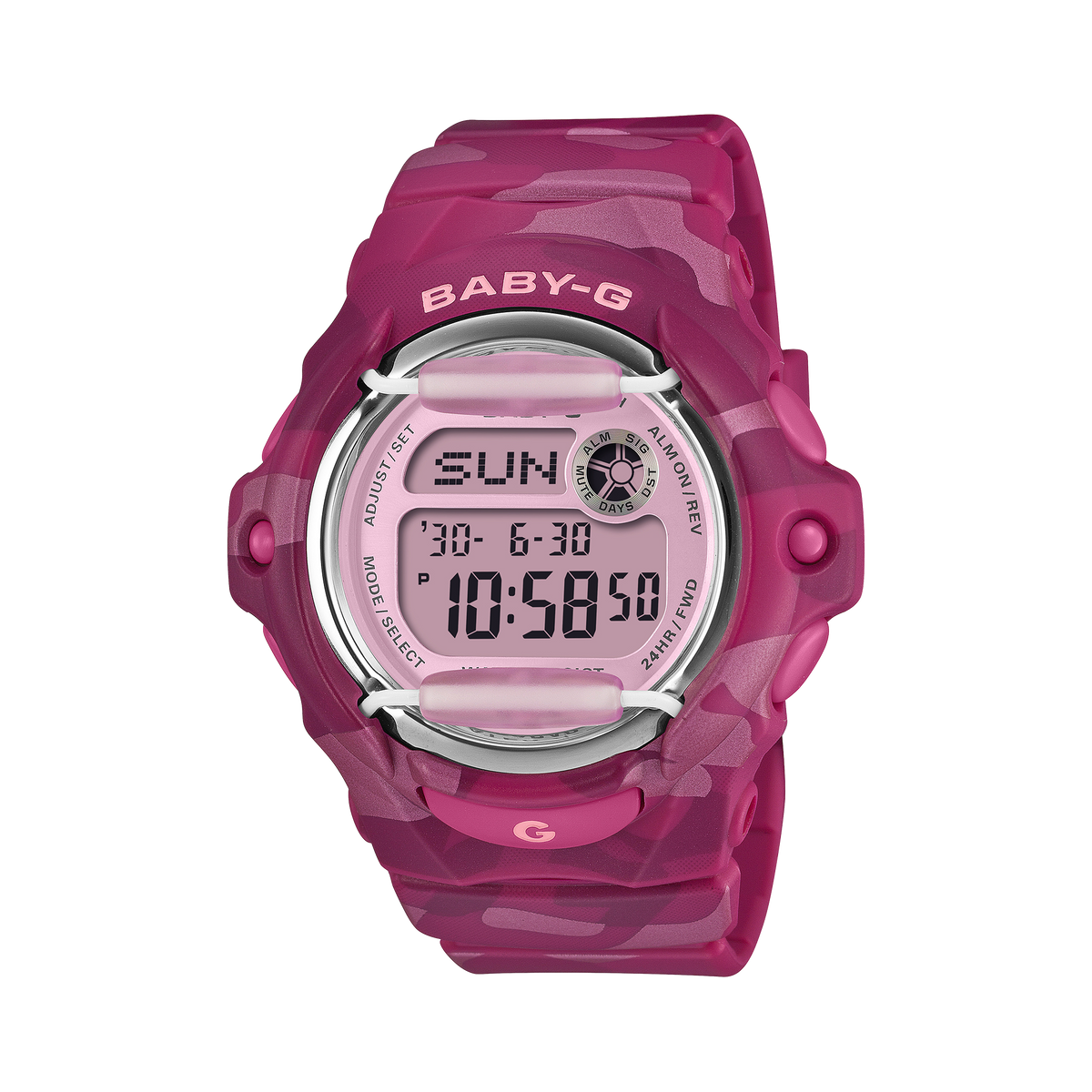 CASIO BABY-G BG-169CM-4ER originale – vista frontale orologio camouflage rosa Y2K